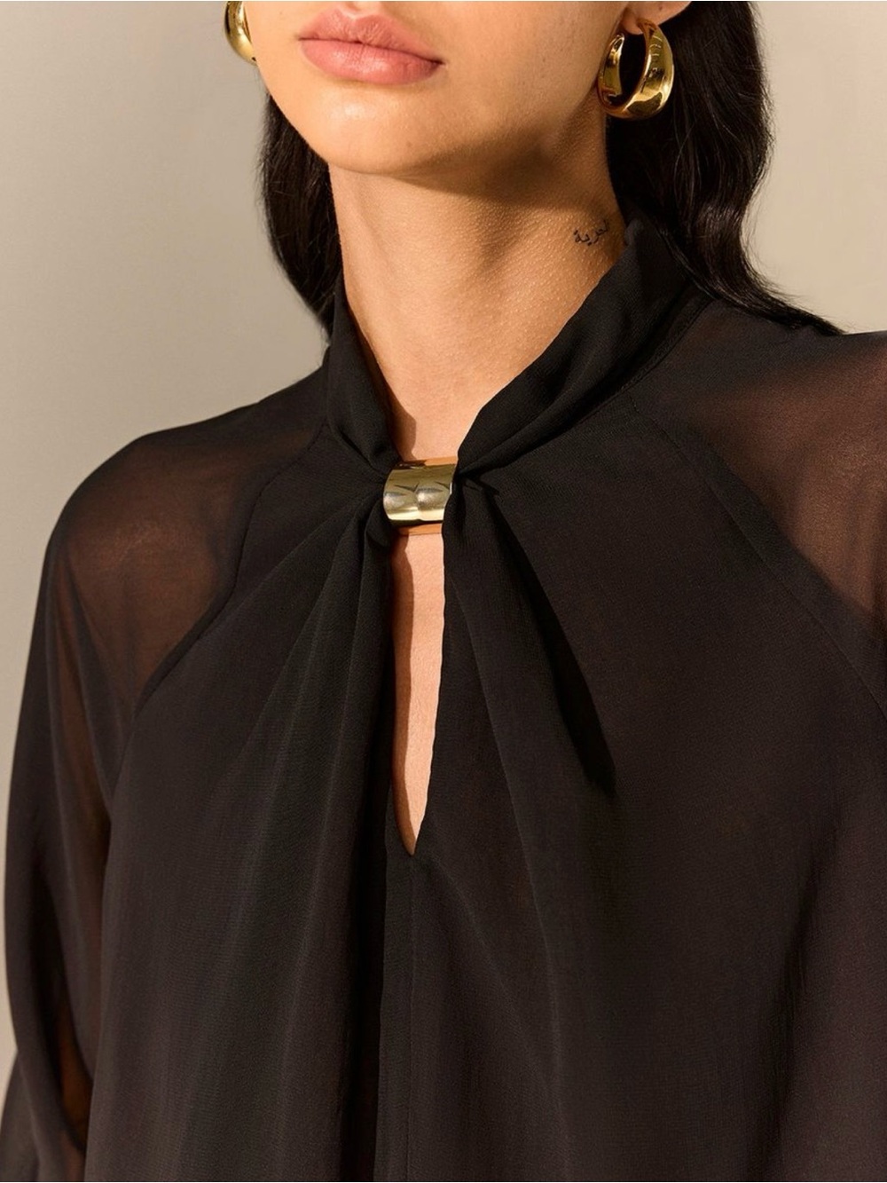 Commense Black Semi-Sheer Chiffon Blouse with Metal Accent - Picture 2 of 7